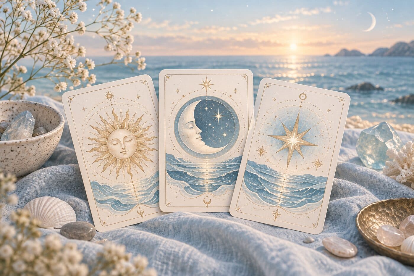 Illustrerade tarotkort med solen, månen och stjärnan vid havet